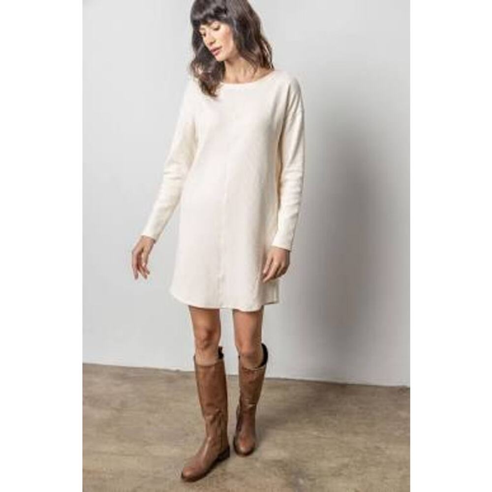 Lilla P Seamed Boat Neck Knit Dress Talc Off White L NEW Coastal Minimalist
